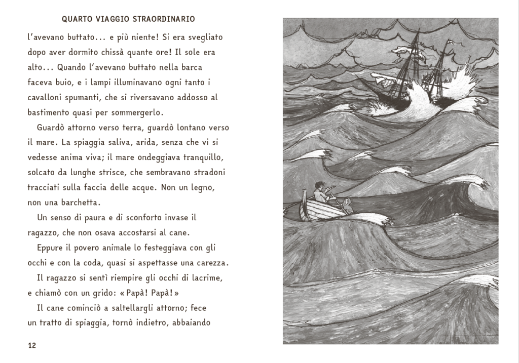 Illustrazione in bianco e nero a tutta pagina raffigurante un mare in tempesta con onde alte e spumeggianti. In primo piano una piccola barca a remi affronta le onde con due persone a bordo, mentre sullo sfondo una grande nave veliera è inclinata e sopraffatta dai flutti.