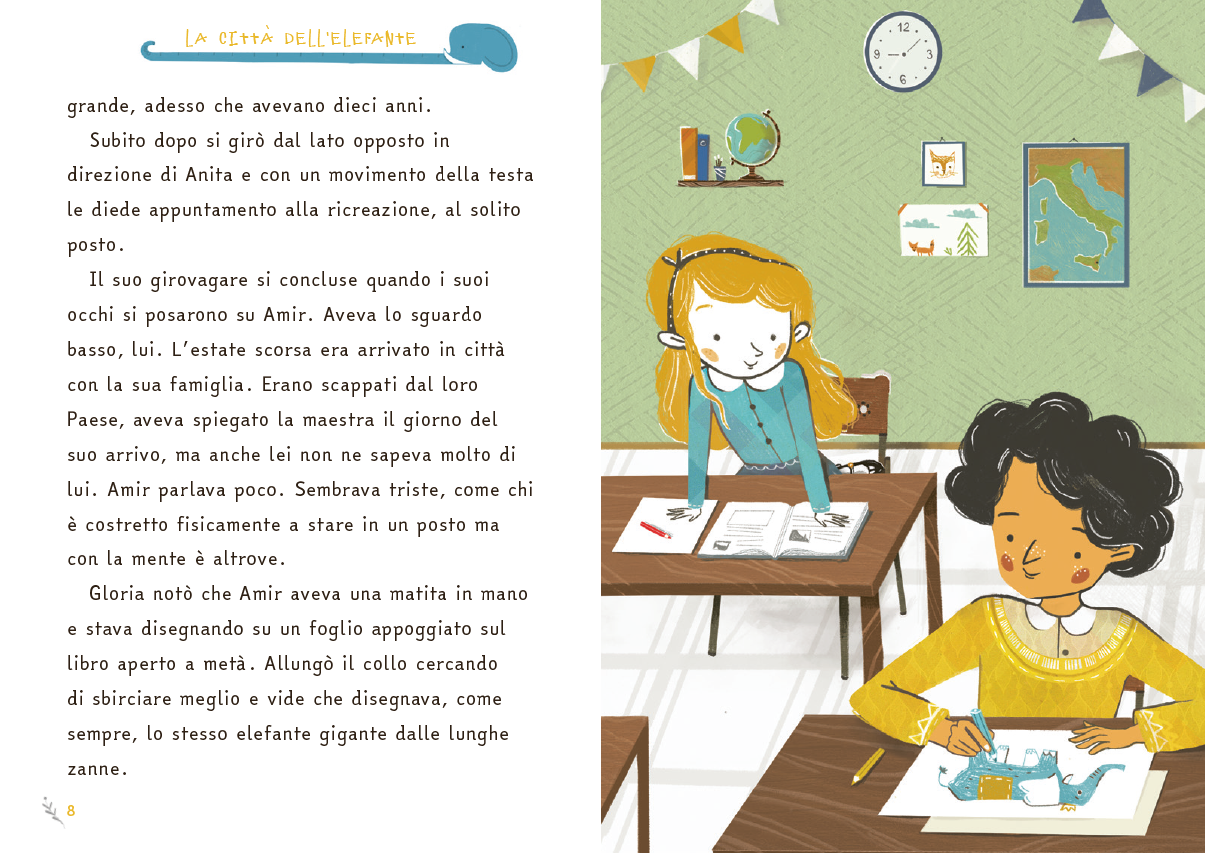 Pagina interna con testo e illustrazione che ritrae Gloria e Amir tra i banchi di scuola
