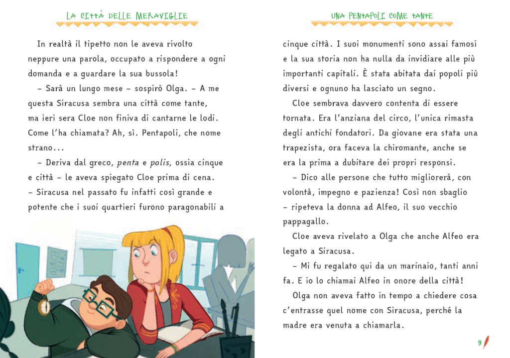 Pagina doppia con testo e illustrazione a mezza pagina che ritrae Olga e Marco tra i banchi di scuola.
