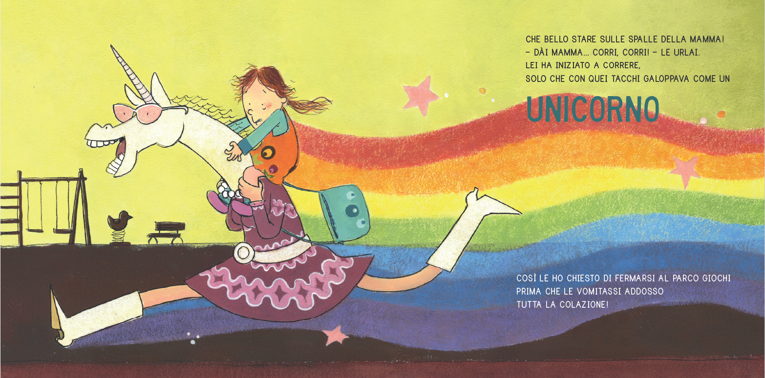 La protagonista Matilda sulle spalle della mamma, che si è trasformata in un unicorno.