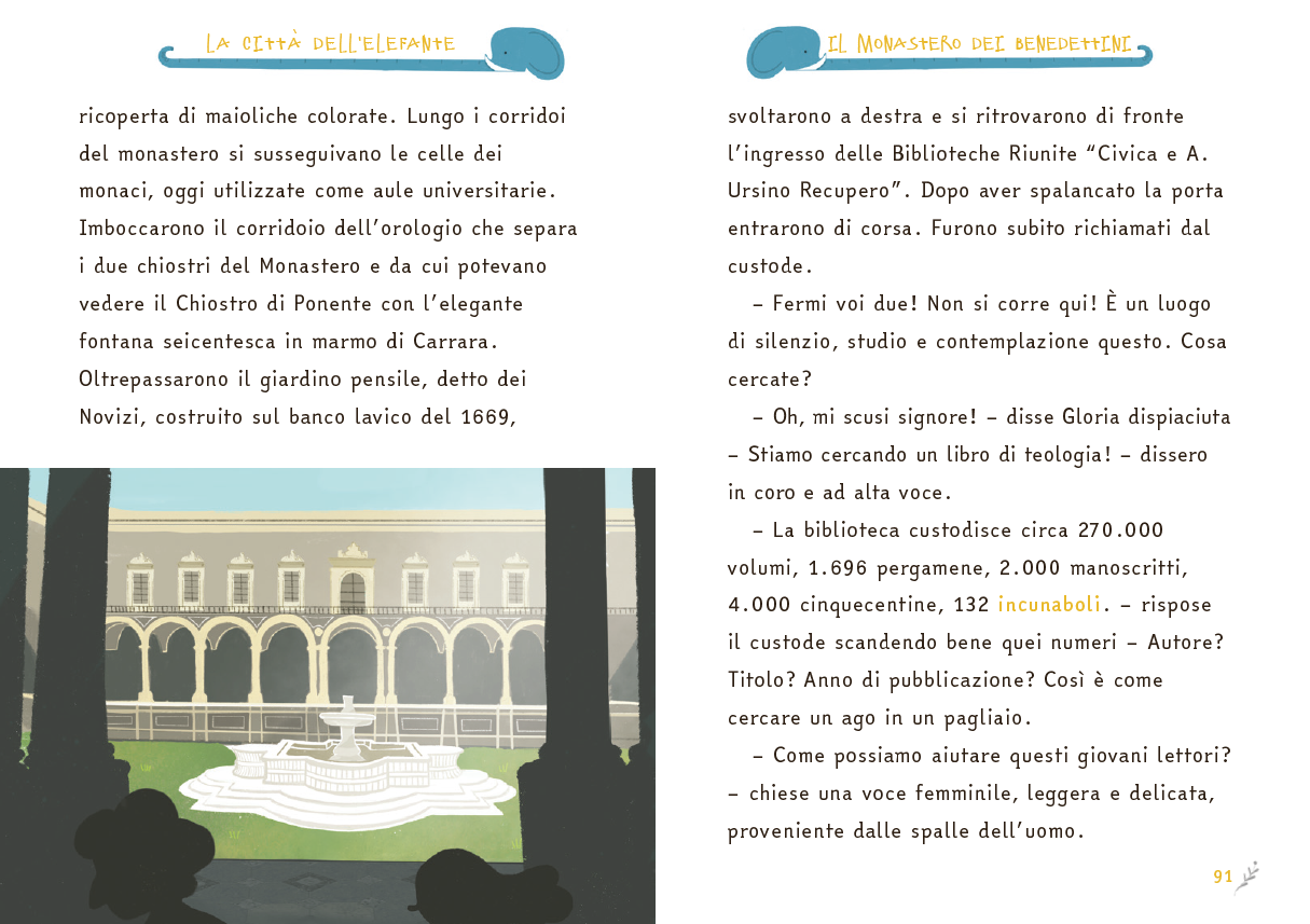 Pagina doppia interna con testo e una piccola illustrazione in cui si intravede uno dei chiostri del Monastero dei Benedettini di Catania.