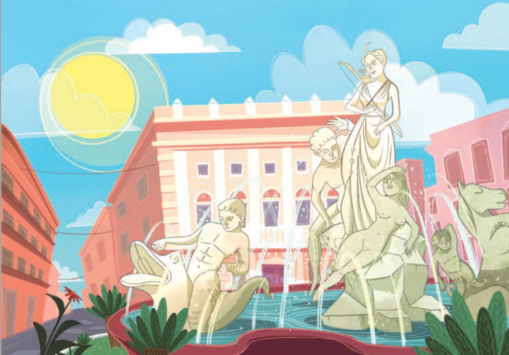Illustrazione a pagina doppia che ritrae la Fontana di Diana a Siracusa