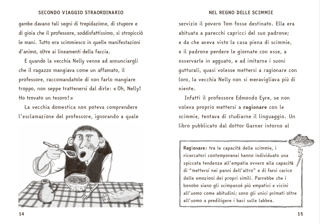 Disegno in bianco e nero di un ragazzo seduto a una tavola apparecchiata con una tovaglia a quadri. Il ragazzo mangia avidamente con un cucchiaio da una ciotola di zuppa; sul tavolo ci sono anche una caraffa, una forchetta e un pezzo di pane.
