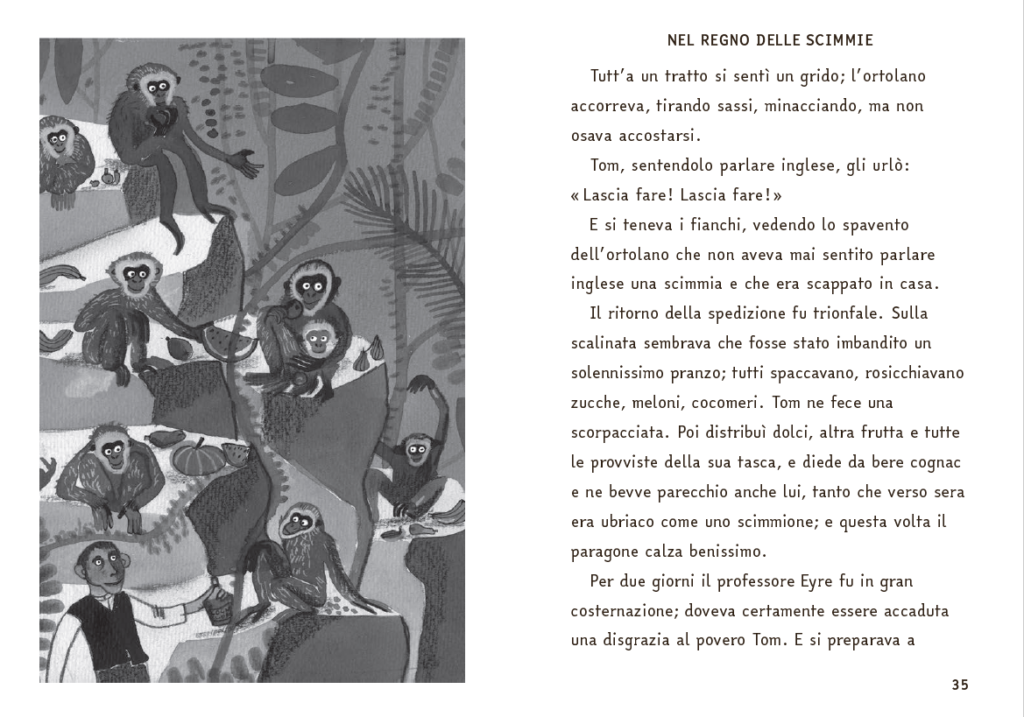 Illustrazione a tutta pagina in bianco e nero raffigurante una scalinata immersa nella vegetazione ricca di scimmie. In basso a sinistra, il protagonista sorridente versa una bevanda da una bottiglia. Intorno a lui e sui gradini soprastanti, diverse scimmie mangiano e giocano con pezzi di frutta, tra cui angurie, zucche e banane.