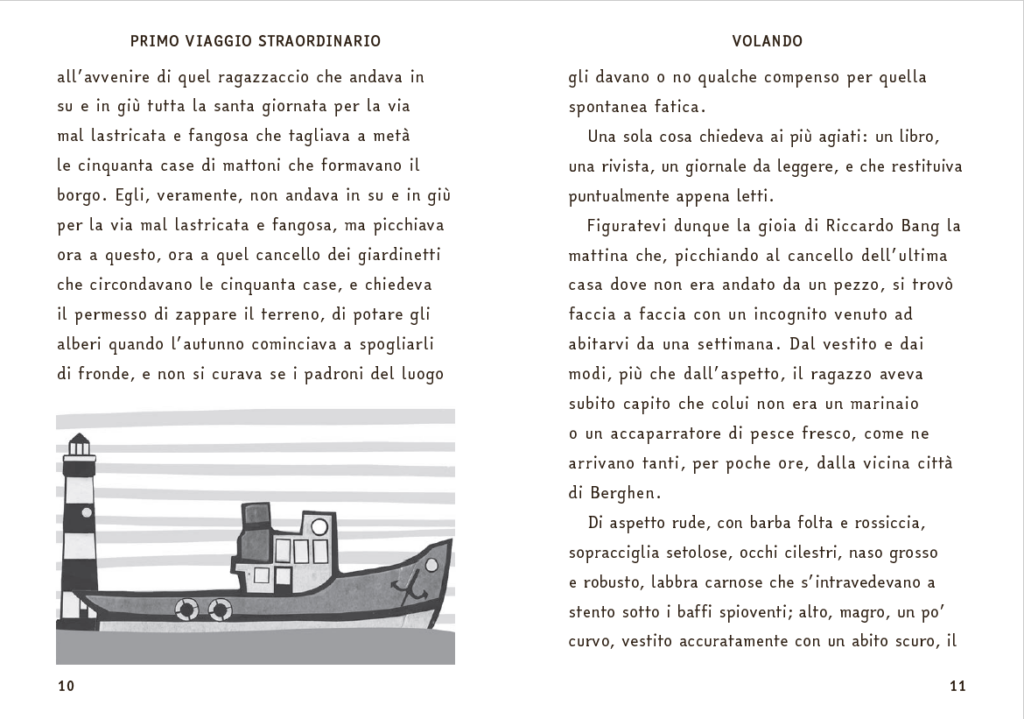 Due pagine di testo si alternano a un cameo in bianco e nero con una nave che salpa.