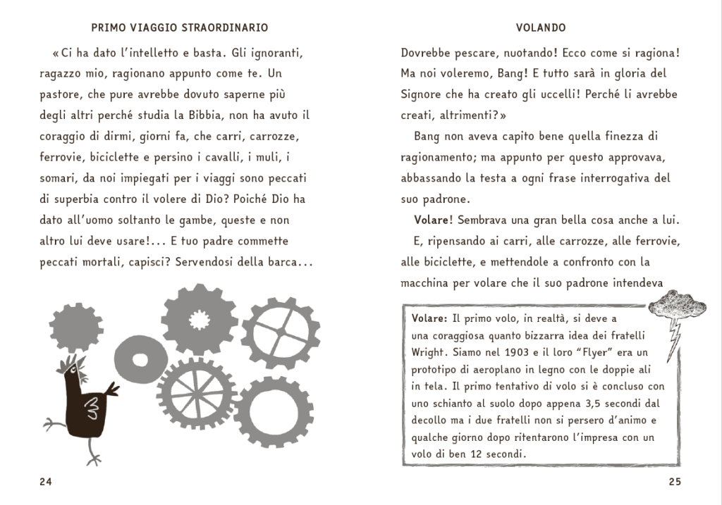 Due pagine di testo si alternano a un cameo in bianco e nero con una gallina e degli ingranaggi.