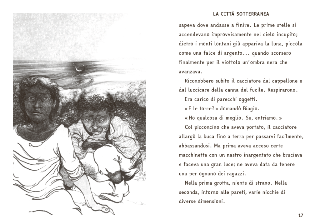 Illustrazione in bianco e nero in primo piano di due ragazzi, una femmina e un maschio, inginocchiati all'aperto di notte. Sullo sfondo si scorgono montagne e un cielo notturno con stelle e una falce di luna crescente.