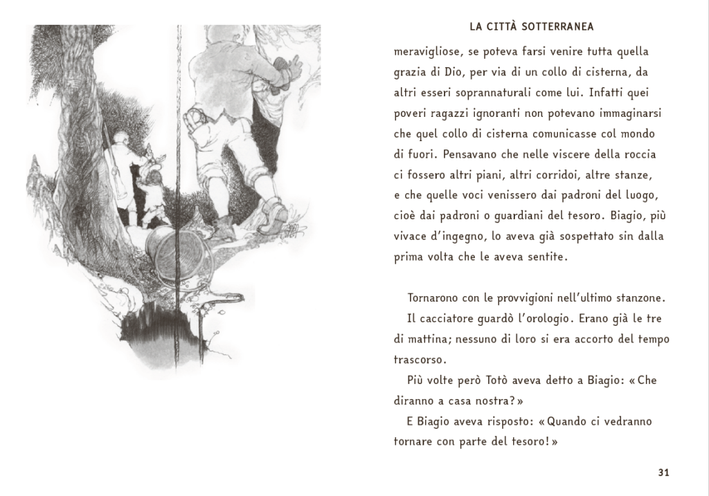 Illustrazione in bianco e nero che raffigura l'accesso a una cavità sotterranea. Un uomo visto di spalle arrampica le rocce in primo piano, mentre più in profondità si intravede un cacciatore con fucile che aiuta un bambino ad arrampicarsi. Una corda scende lungo un pozzo verticale o un collo di cisterna al centro della scena.