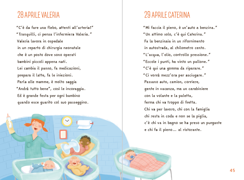 Testo accompagnato dall'illustrazione dell'infermiera Valeria che la vora in chirurgia neonatale.