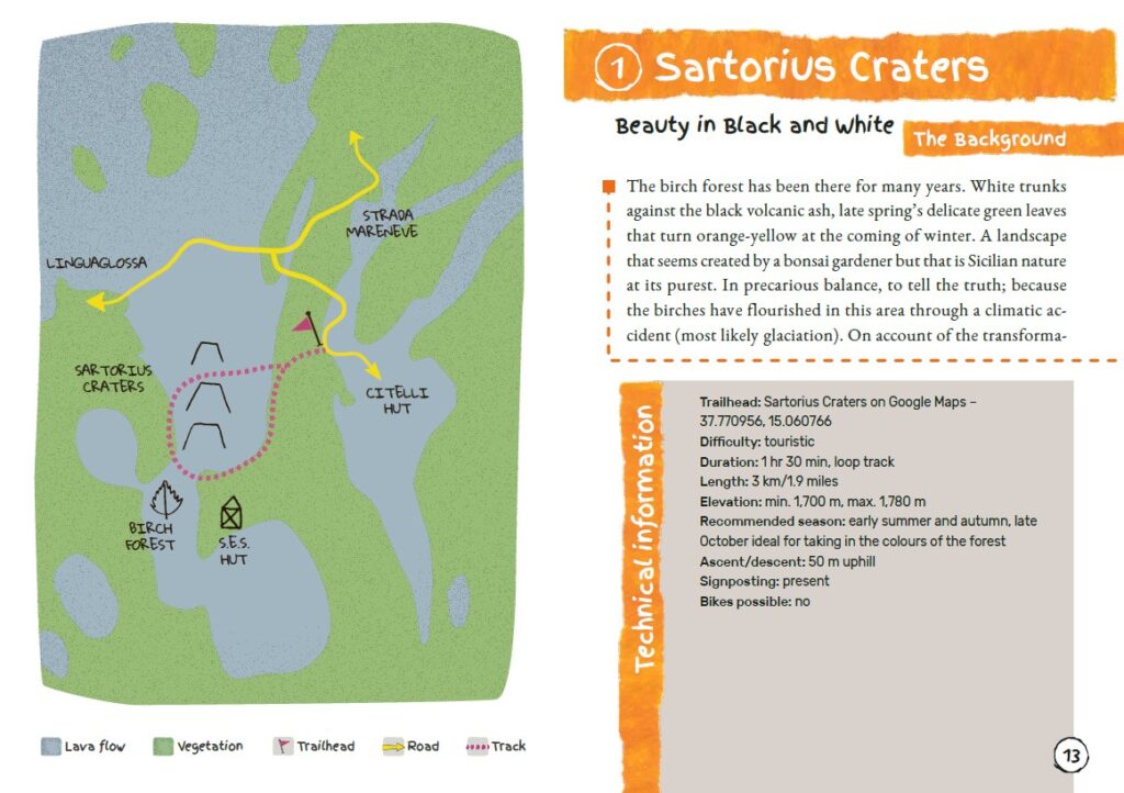 Pagina interna doppia con mappa a sinistra e inizio della descrizione del sentiero dedicato ai "Sartorius Craters" visto che il libro è in inglese