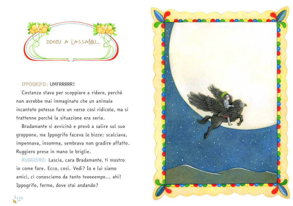 Pagina doppia con testo a sinistra e illustrazione a pagina intera a destra in cui è rappresentata Bradamante che vola verso la luna sulla groppa di Ippogrifo.