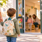 un bambino davanti all’ingresso della scuola dell’infanzia nel momento prima dell'entrata entrata