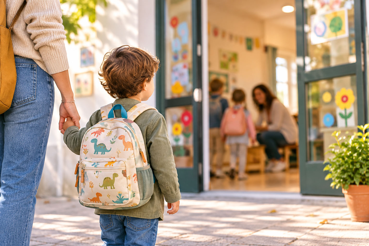 un bambino davanti all’ingresso della scuola dell’infanzia nel momento prima dell'entrata entrata